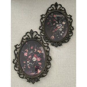 Set of 2 VTG Italian Ornate Oval Metal Frames Floral Prints Wall Hanging Baroque